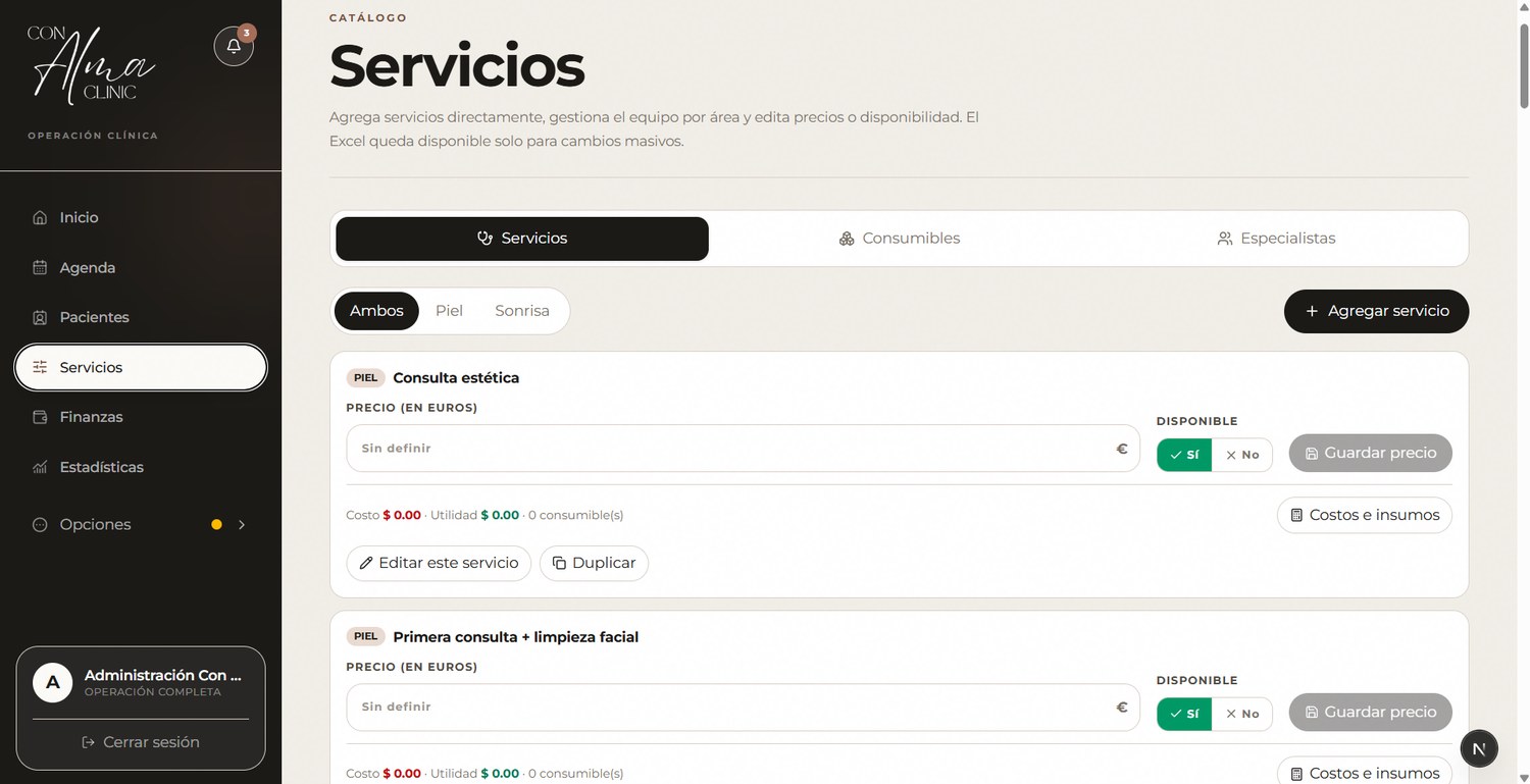 Catálogo de servicios de una clínica con precio, costo y utilidad por tratamiento
